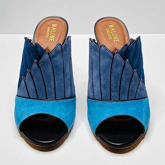 Malone Souliers Donna Fanned Blue Suede Colorblock Mules Heels Shoes Sandals - Picture 4 of 15